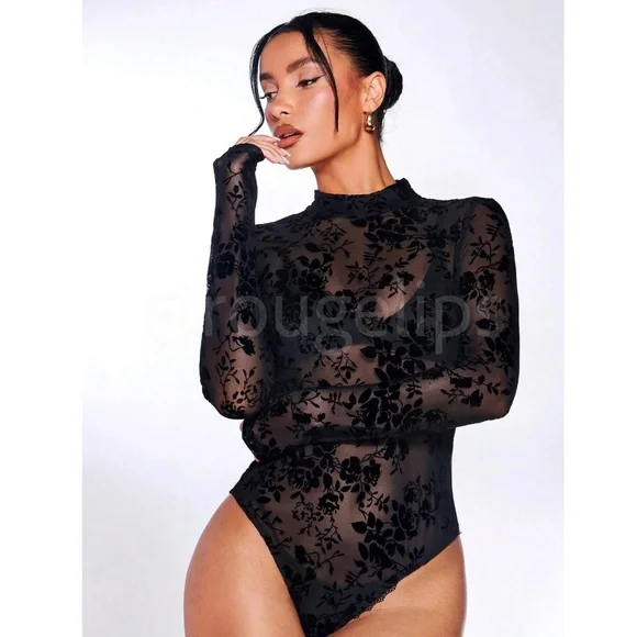 Black Mesh Lace Sheer Long Sleeve Bodysuit - Picture 5 of 14
